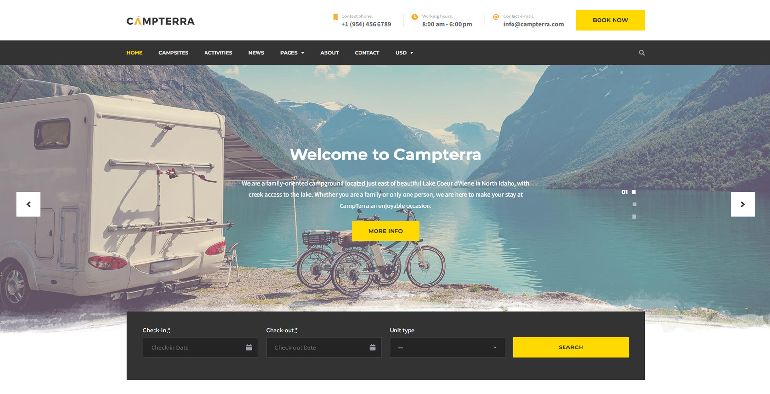 Portrait of Campterra, a WordPress camping theme with multiple theme widgets.