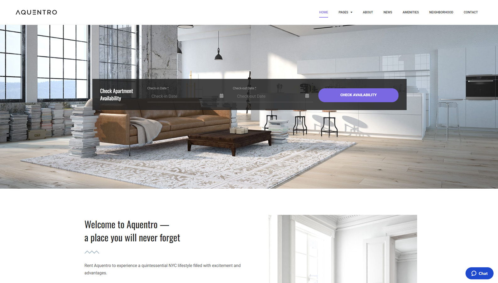 Snapshot of Aquentro, one of the minimalist WordPress themes with MotoPress Hotel Booking plugin packaged for free.