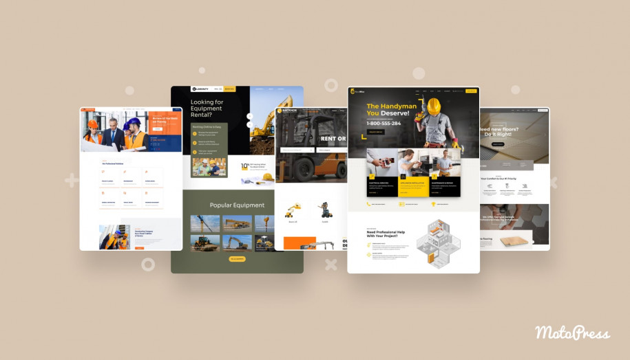 A collage representing various construction WordPress designs.