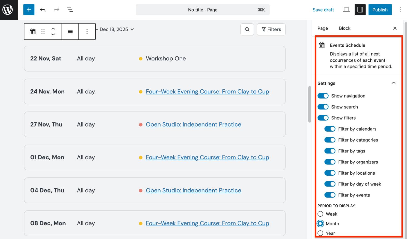 Events schedule list MotoPress calendar.