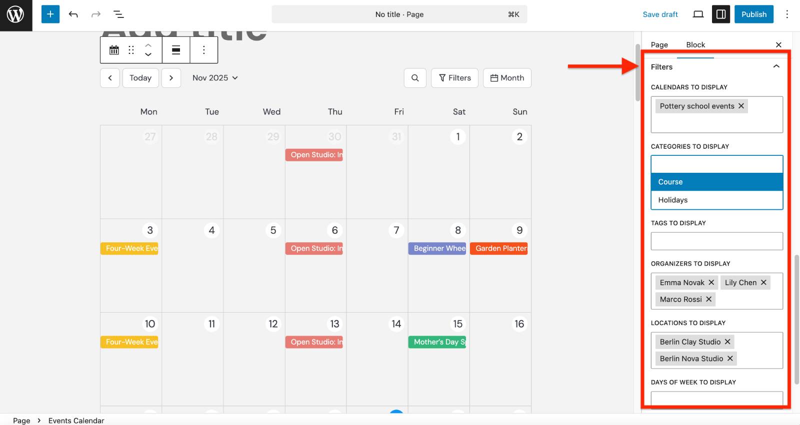 Filtering events in the MotoPress events calendar plugin.