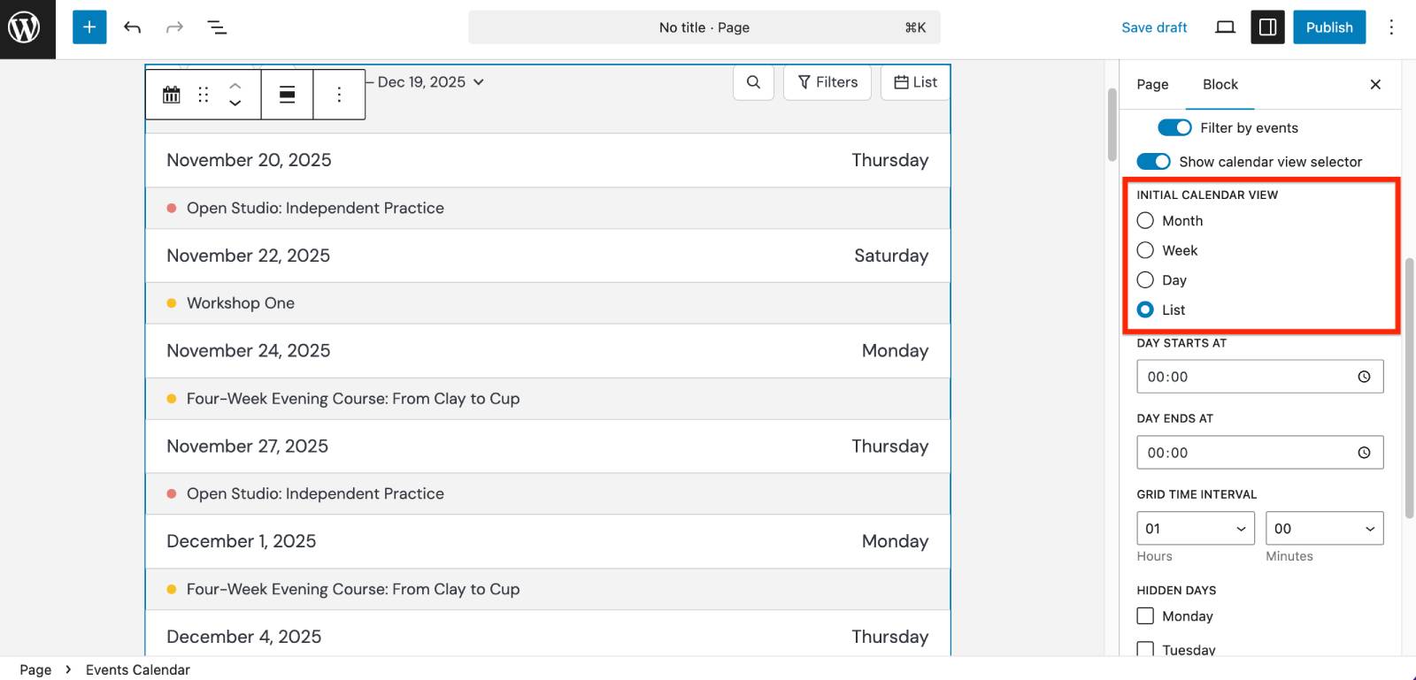 Initial calendar view settings.
