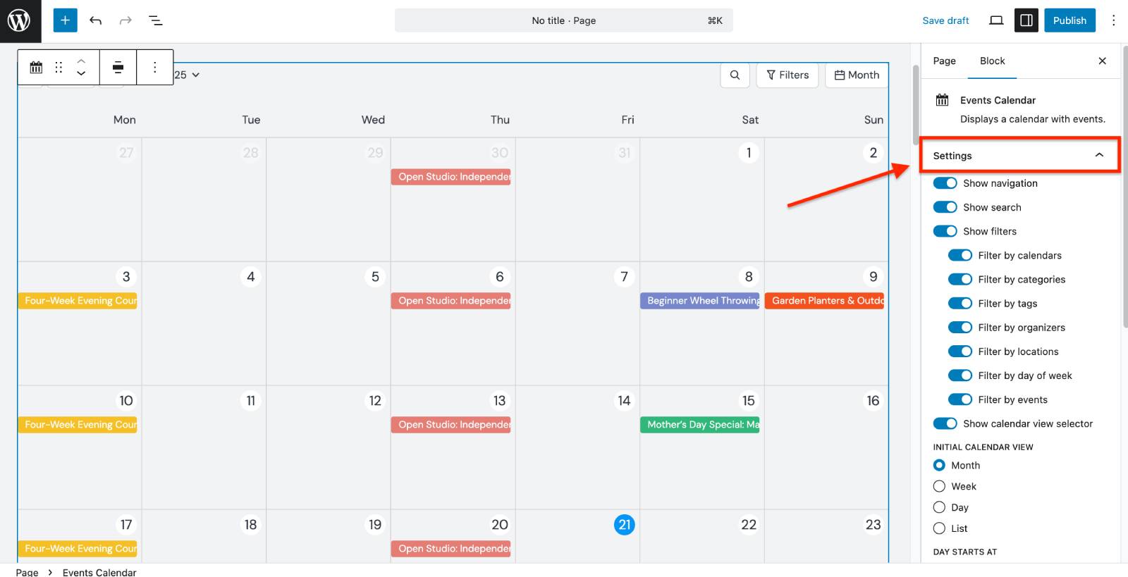 Settings events calendar block.