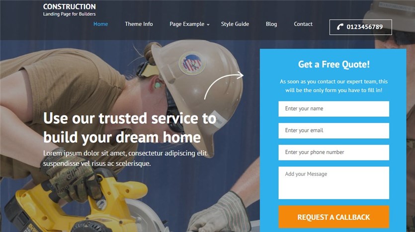 Screenshot of the Construction Landing Page free theme for WordPress.