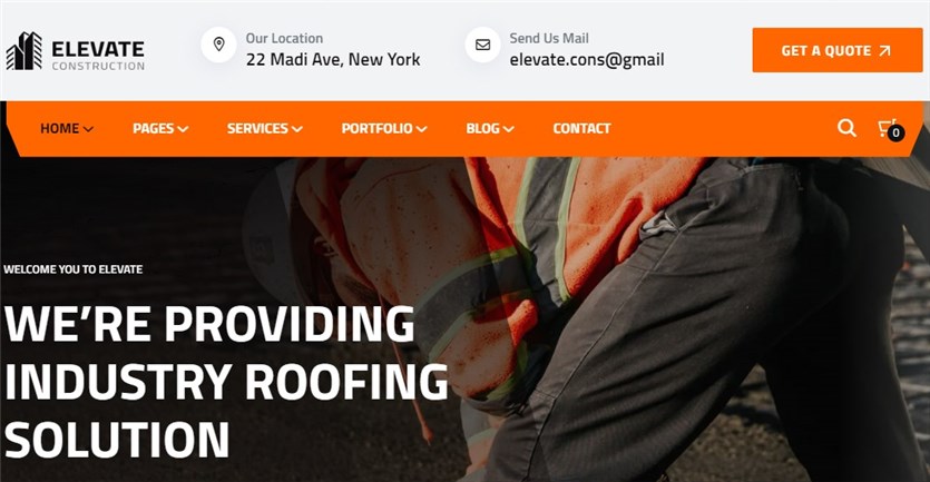 Screenshot of the Elevate construction WordPress website template.