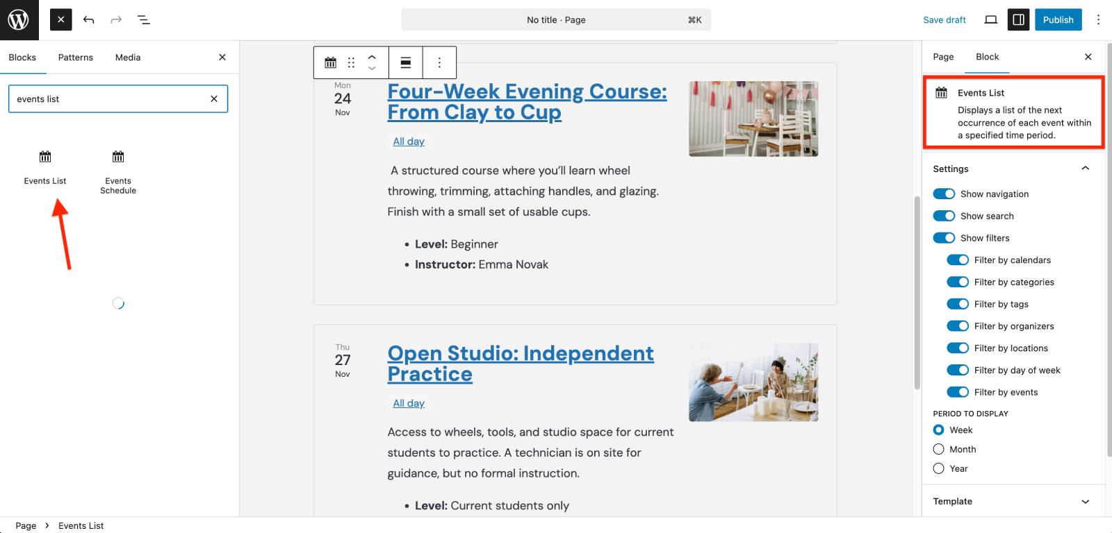 Event list block in Events Calendar.