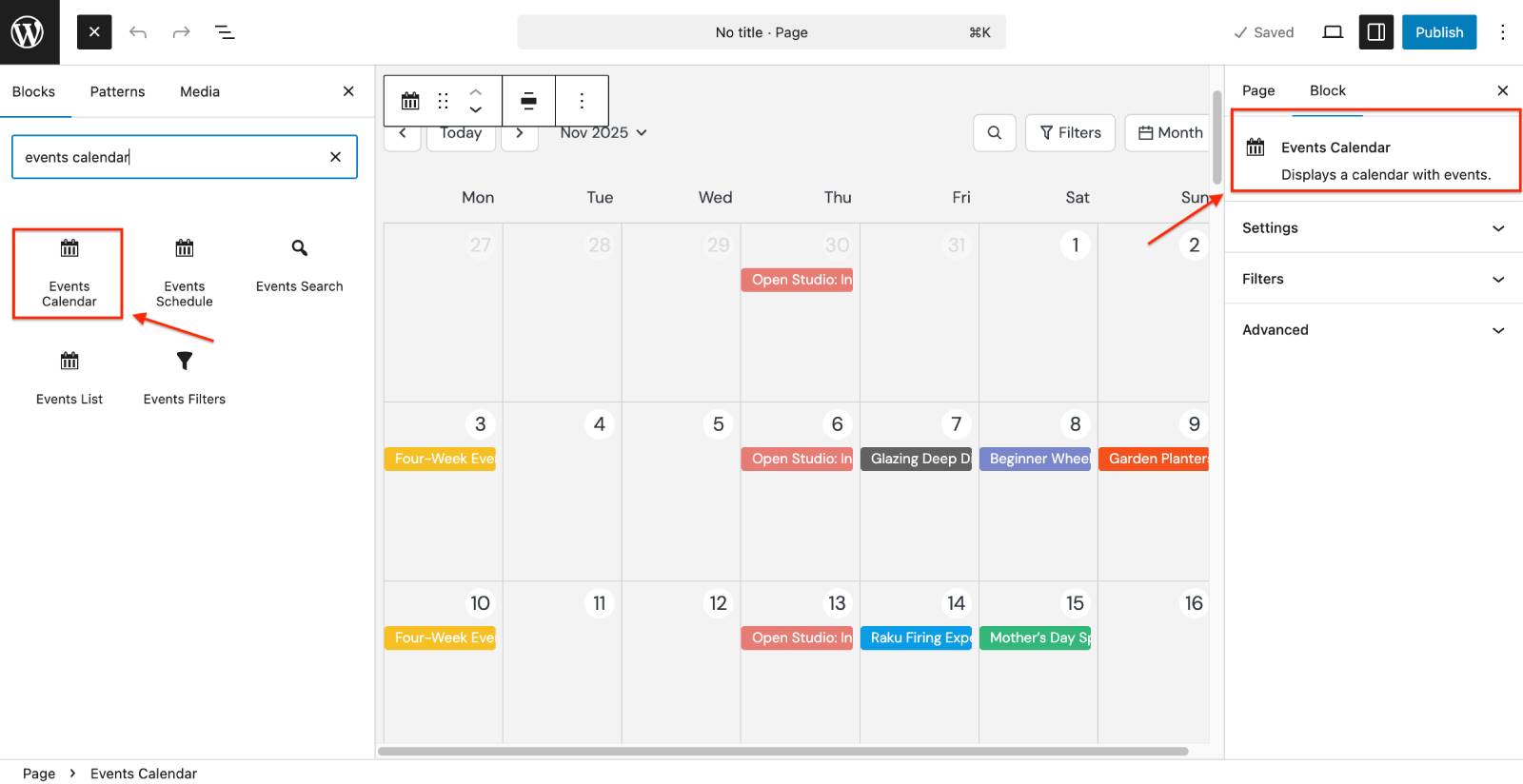 Events calendar WordPress block.