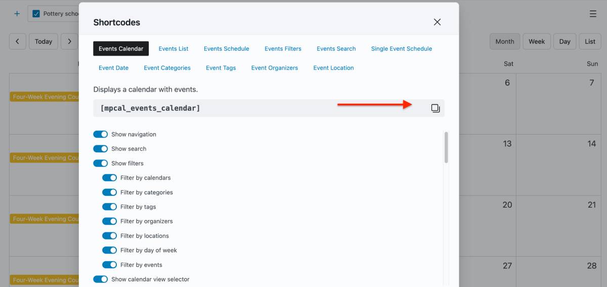 events calendar shortcode builder plugin.