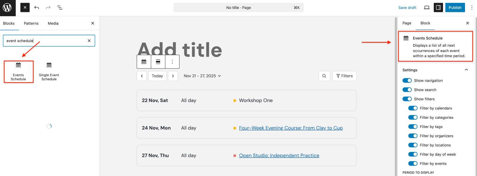 Events schedule block.