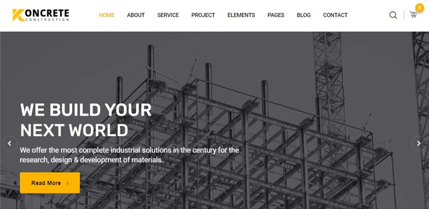 Screenshot of the Koncrete demo page for construction websites.