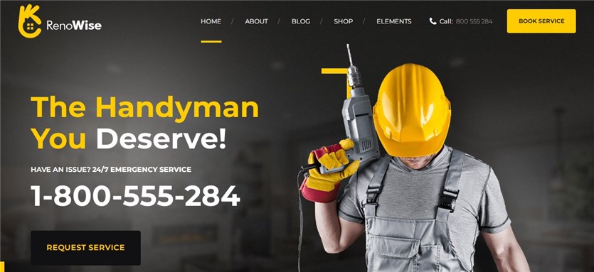 Screenshot of the RenoWise WordPress template for construction company websites.