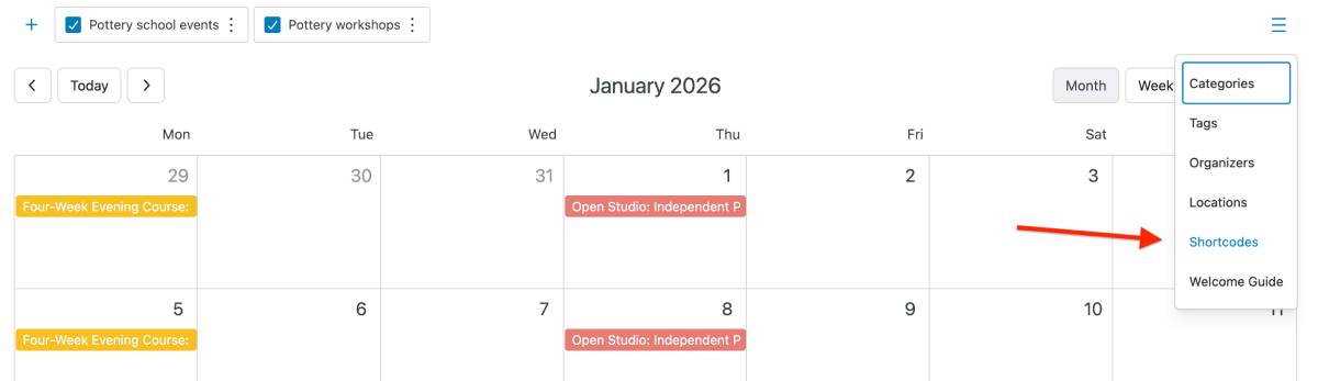 shortcodes menu in motopress events calendar.