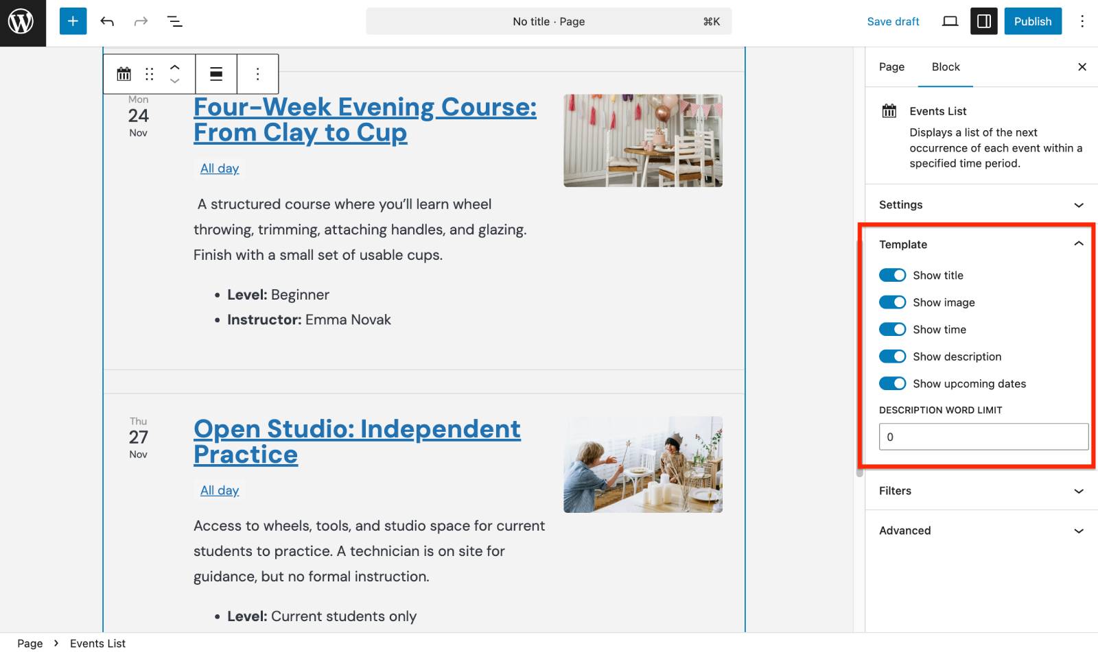 template settings in event list.