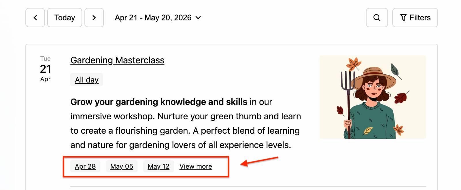 Upcoming dates in list block.