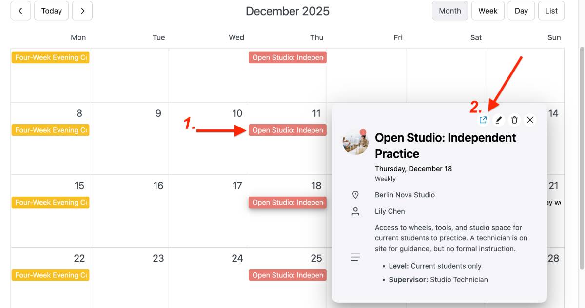 Open an event page in events calendar.
