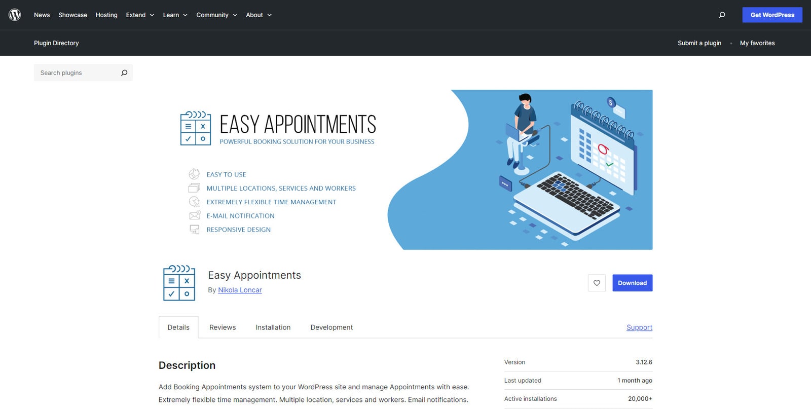 Picture of Easy Appointments WordPress plugin page, a solution used by modern businesses for time management.