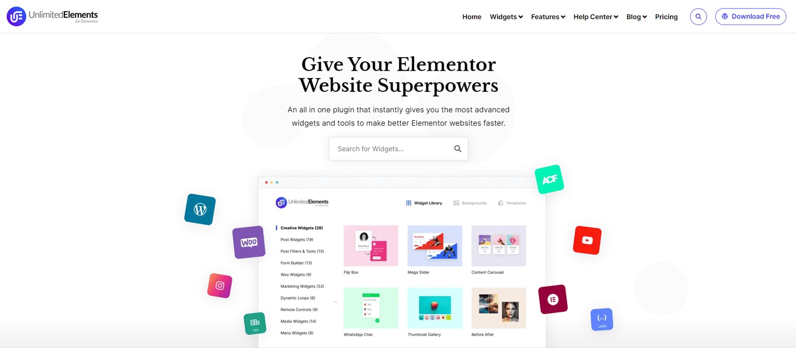 Graphic of Unlimited Elements for Elementor, a flexible collection of Elementor carousel widgets with easy widget customization.