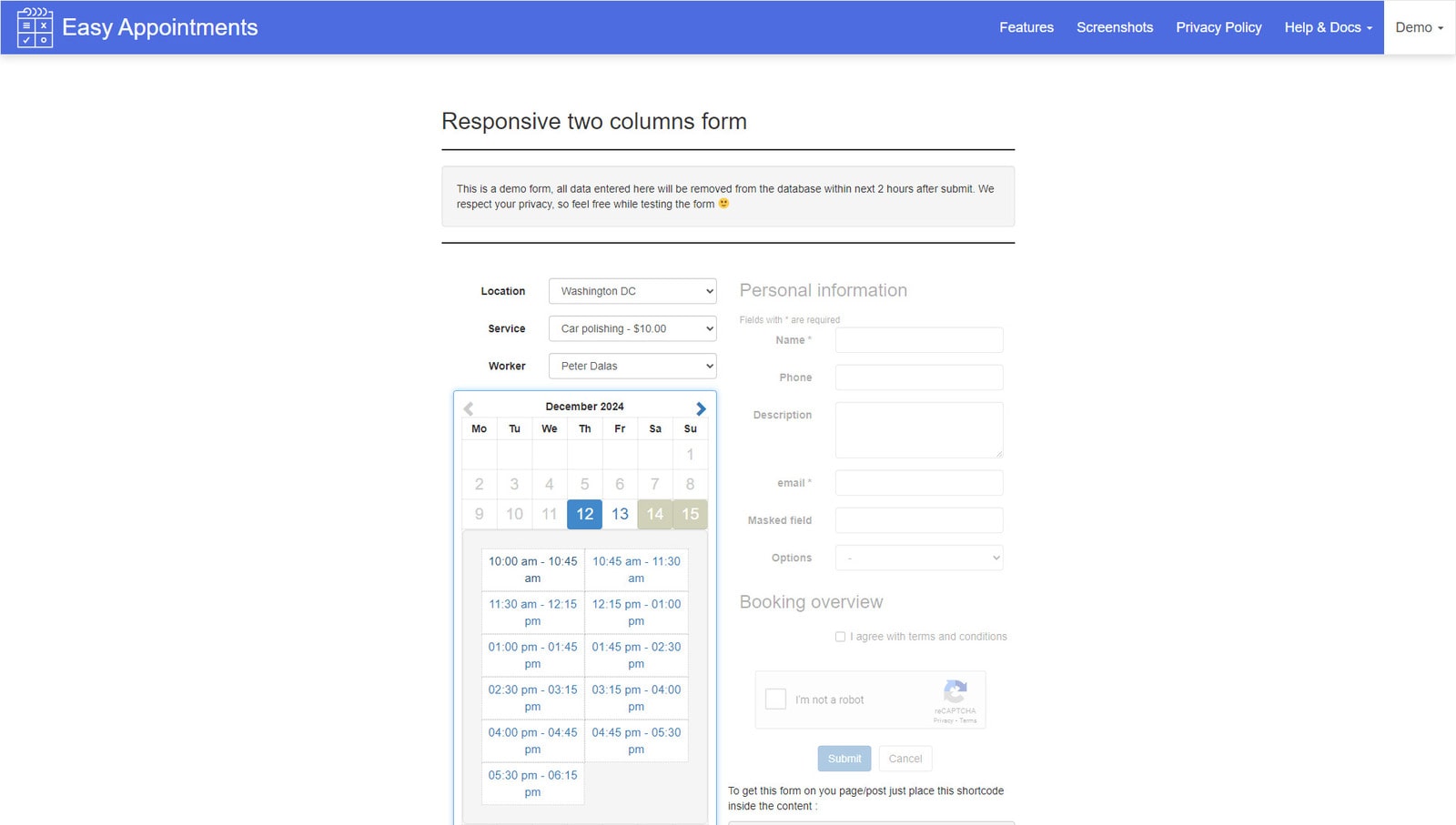 Representation of an Easy Appointments booking form & calendar demo. Graphic of Appointment Booking scheduling wizard.