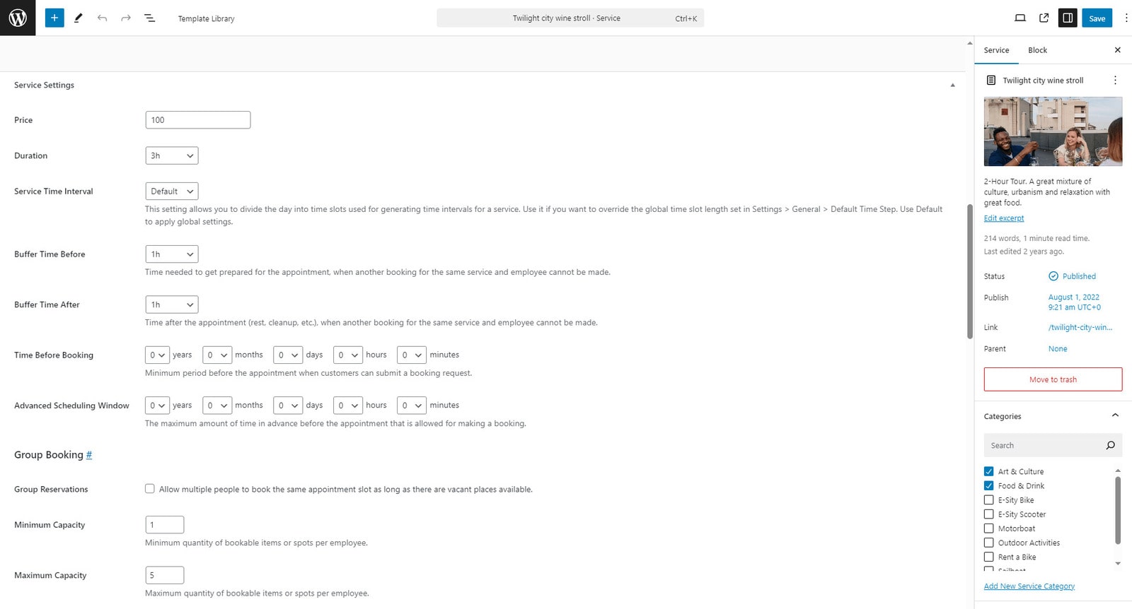 Illustration of the service settings of Appointment Booking plugin.