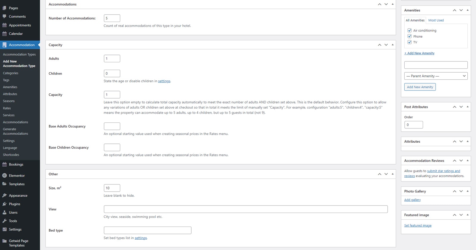 Image of accommodation settings in the Hotel Booking plugin used by those learning how to build a direct booking website.