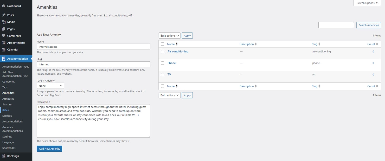 Portrait of amenities configured in the Hotel Booking WordPress plugin.