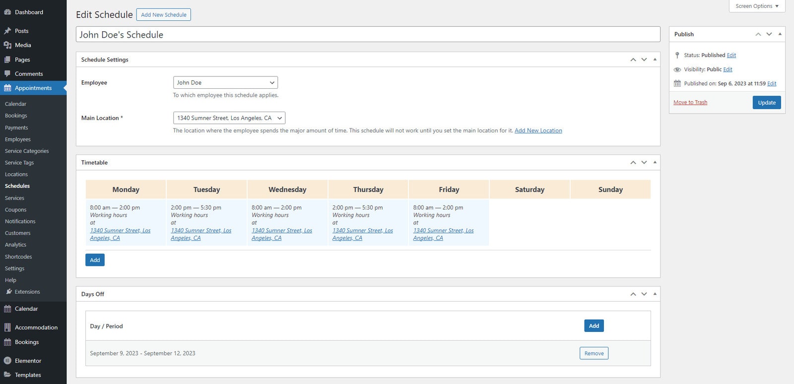 Portrait of employee schedule that Appointment Booking plugin provides.