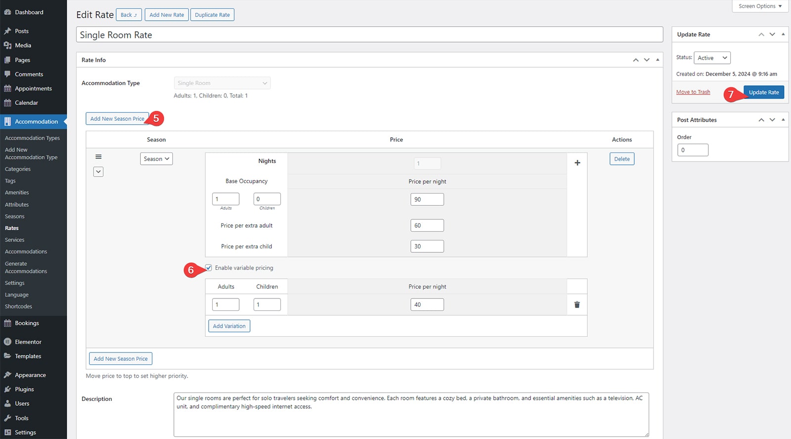 Image of additional rate settings with extra occupancy rates and variations enabled.