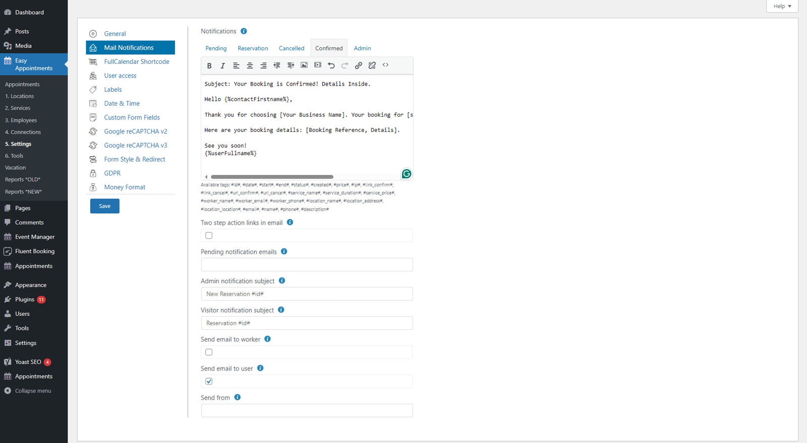 Picture of email notification settings offered by Easy Appointments WordPress plugin.