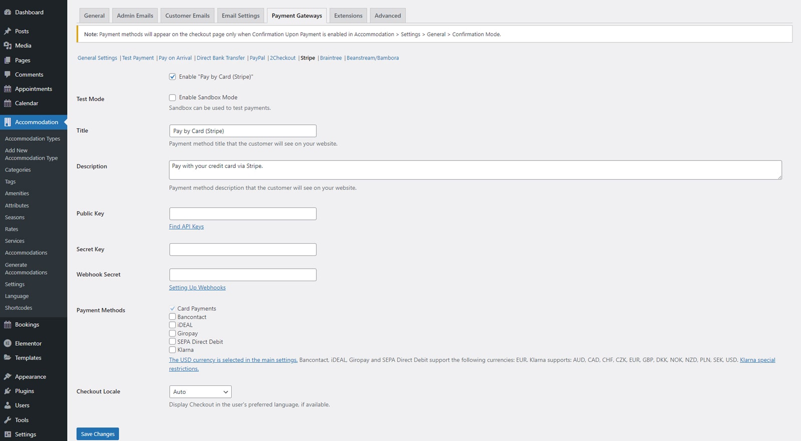 Picture of Stripe payment gateway integration preferences.