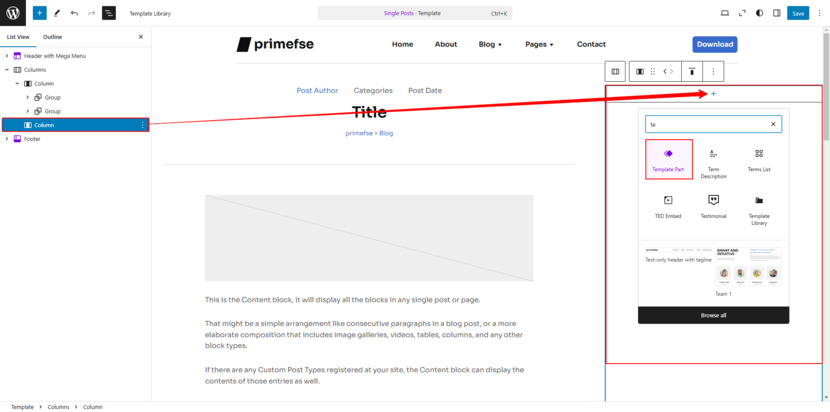 Adding a Template Part block in the right column