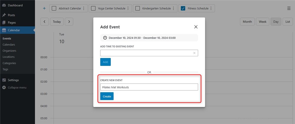 Screenhsot of adding event with the WordPress class schedule plugin.