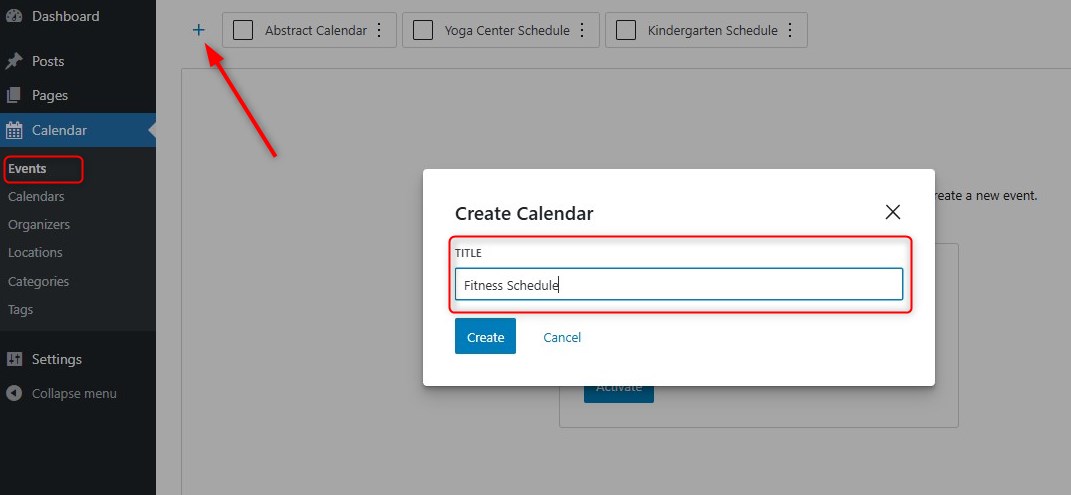 Screenshot of creating a new calendar with the Events Calendar plugin.