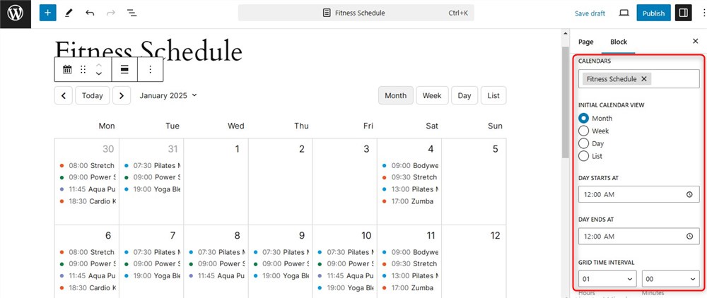 Screenshot of the Events Calendar block settings.