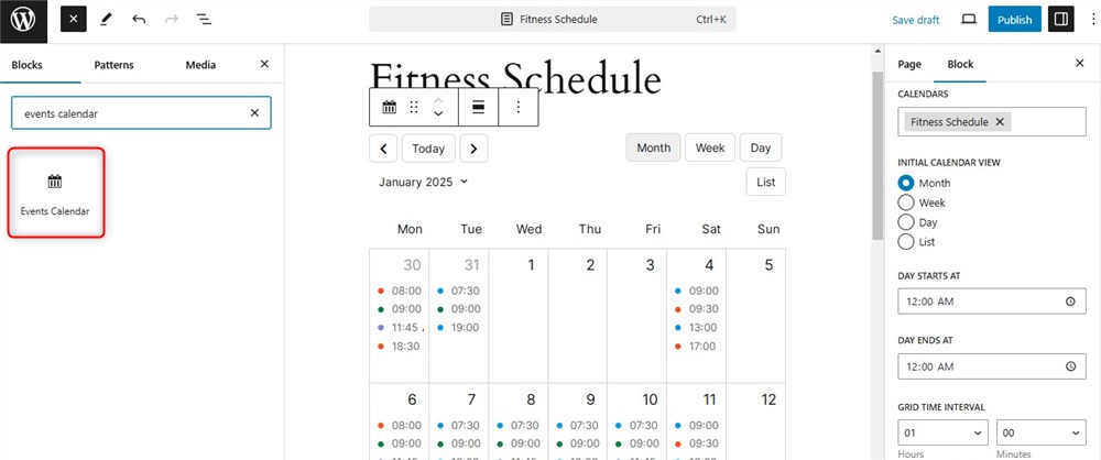 Screenshot of the Events Calendar WordPress block for class schedule.