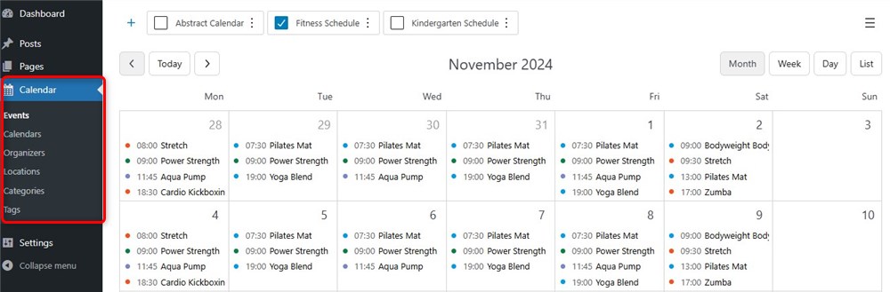 Screenshot of the Events Calendar WordPress class schedule plugin menu.