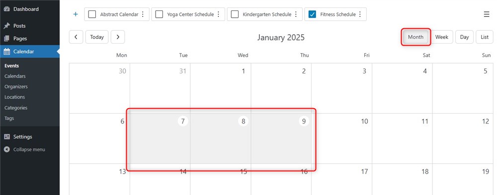 Screenshot of the class schedule month view.