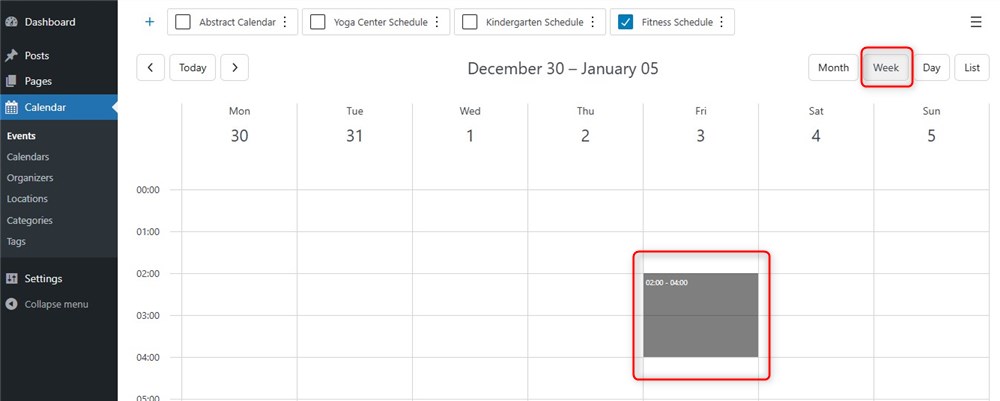 Screenshot of the class schedule week view.