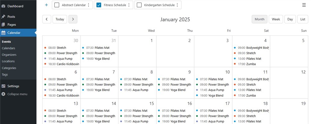 Screenshot of the WordPress fitness class schedule demo.