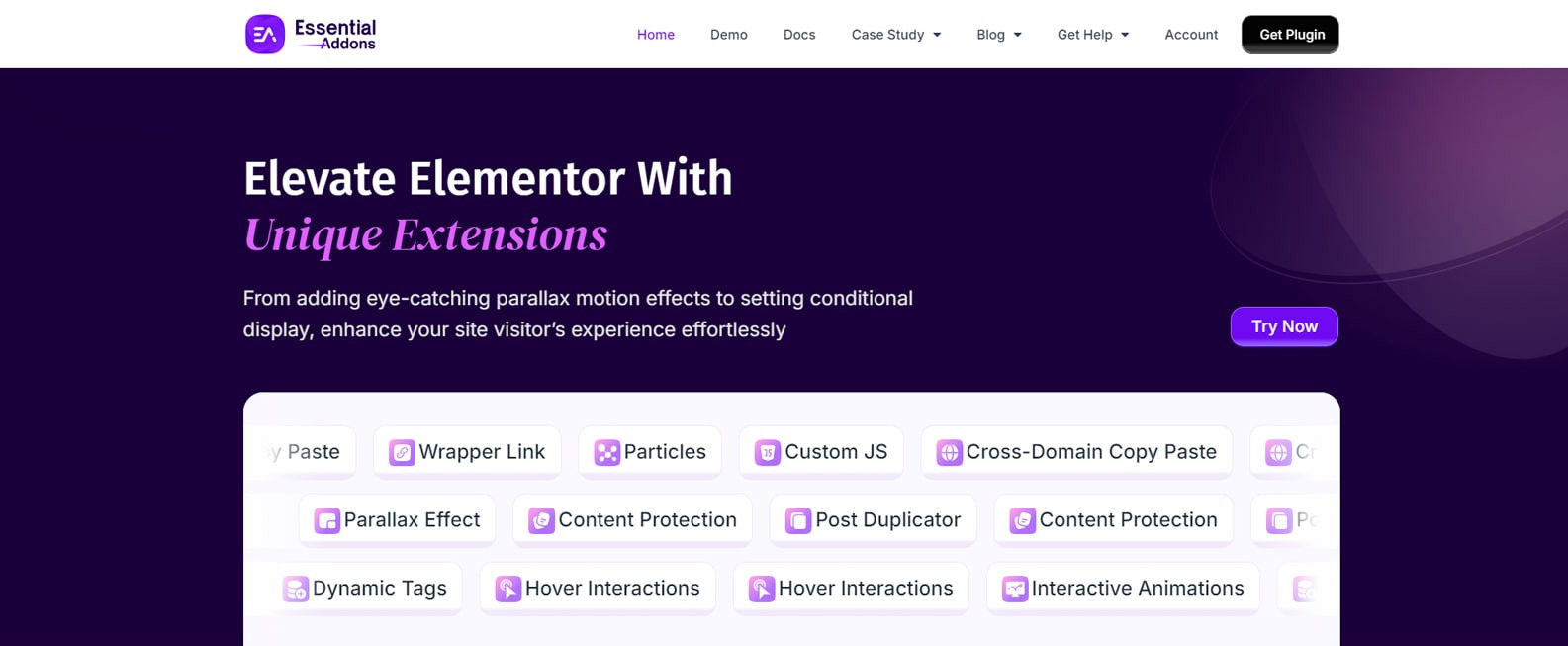 Photograph of extensions and features offered by Essential Addons for Elementor.