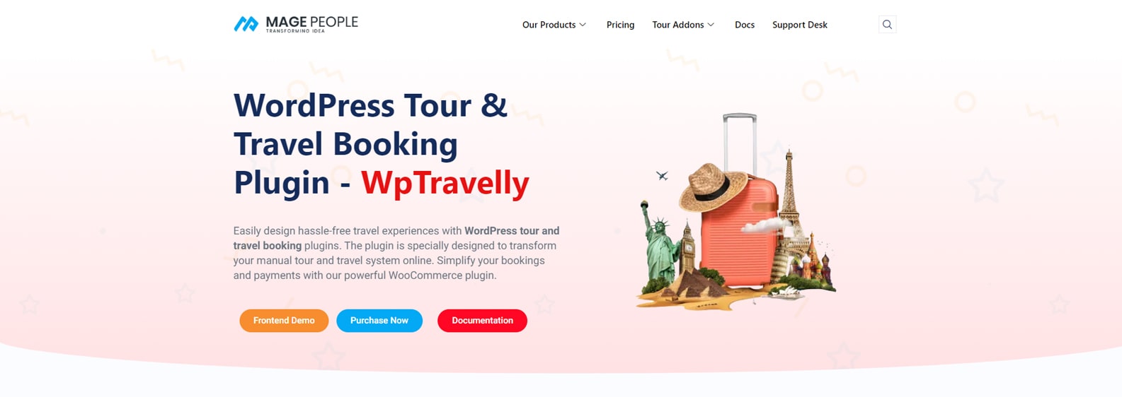 Representation of WpTravelly, a WordPress travel itinerary plugin with a Traveler list with filters.