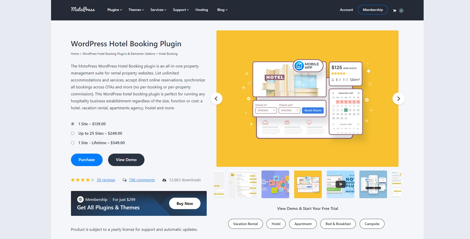 Graphic of MotoPress Hotel Booking, a travel booking WordPress plugin with Dynamic seasonal pricing.