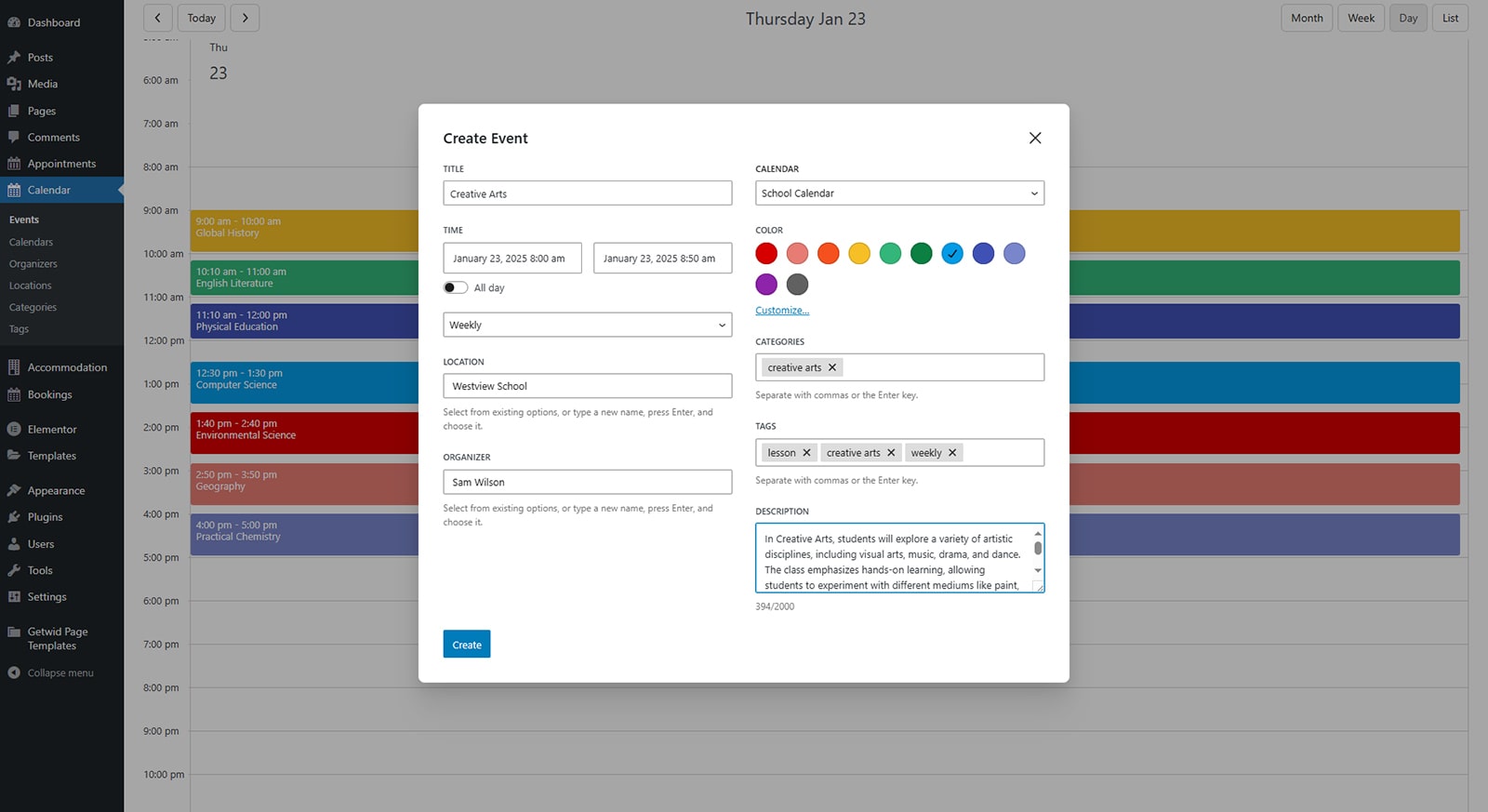 Image of event configuration for the Events Calendar WordPress weekly schedule plugin.