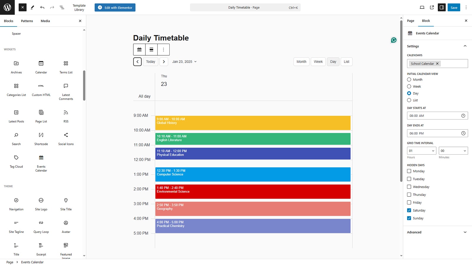 Portrait of Gutenberg page and calendar widget being configured.