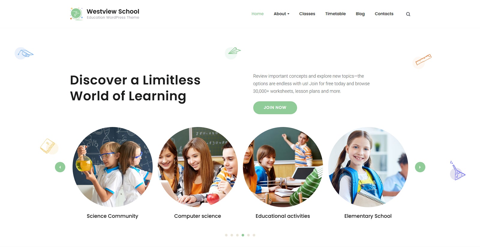 Snapshot of the School theme by Gutenix featuring a WordPress weekly schedule plugin.