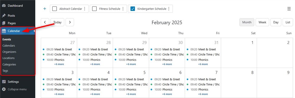 Screenshot of the Events Calendar WordPress plugin menu in the dashboard.