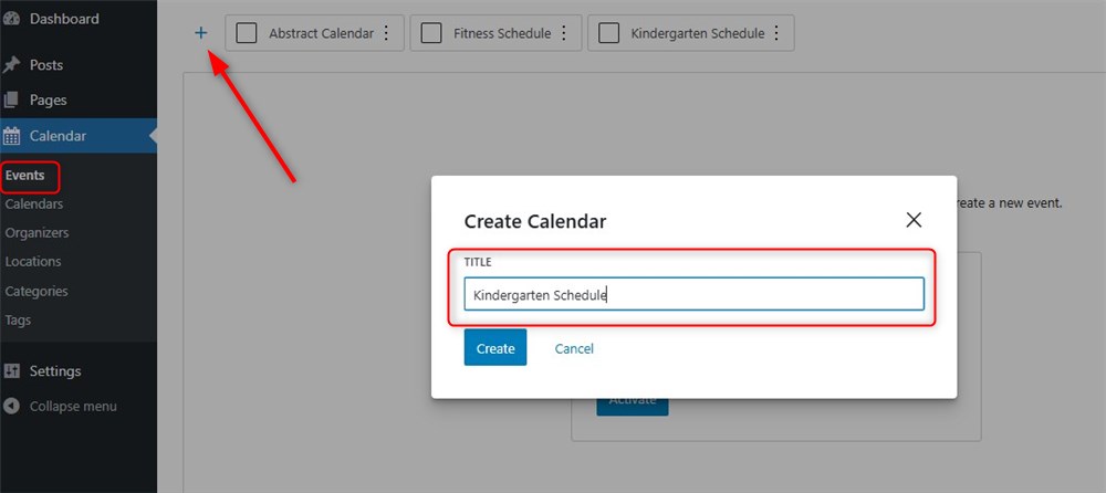 Screenshot of the Create Calendar window in the MotoPress Events Calendar plugin.