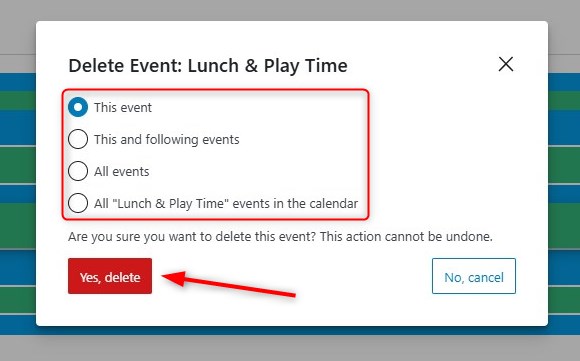 Screenshot of the Delete event menu for recurring events.