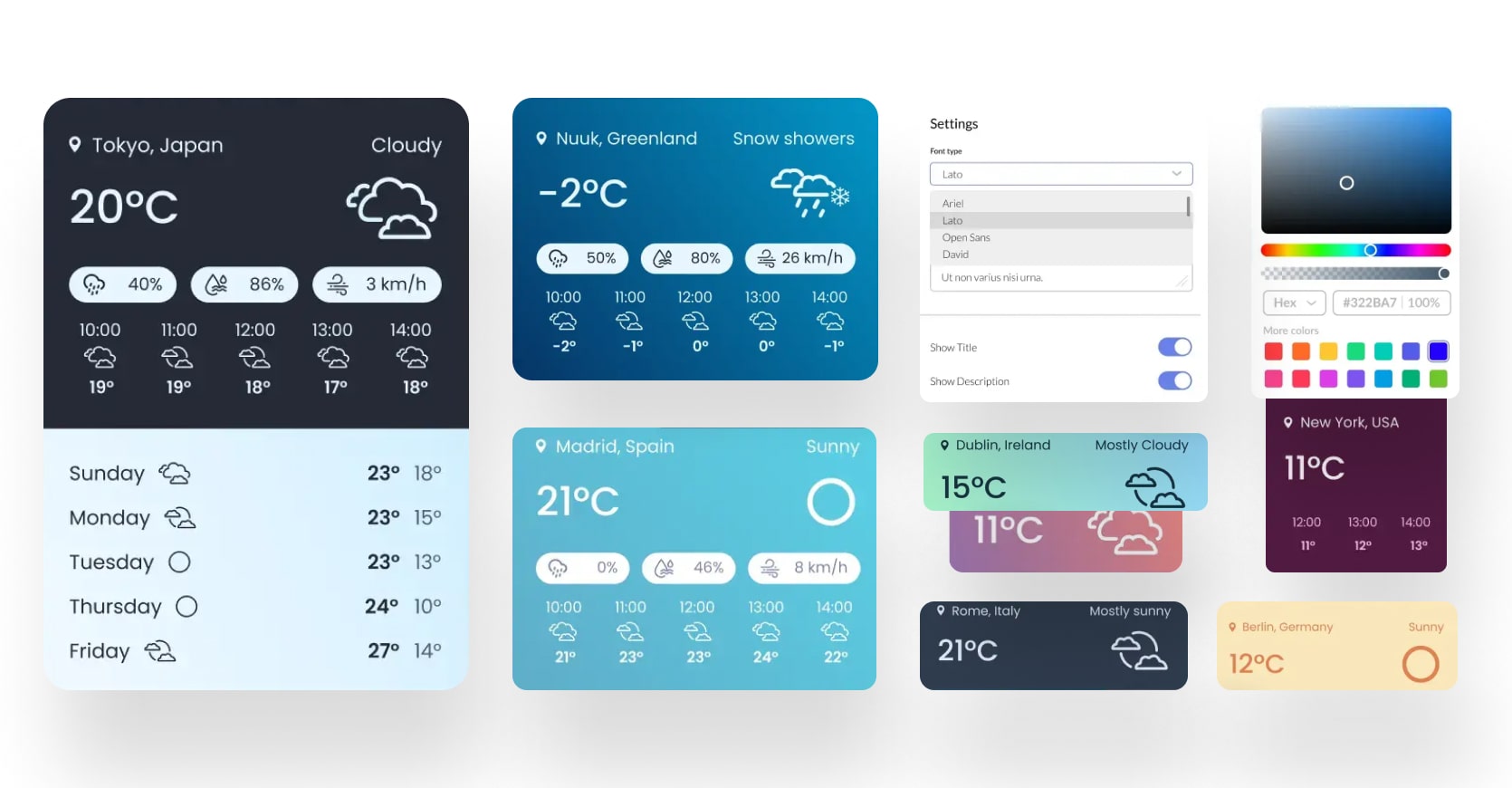 Collage of the Easy Elementor Addons WordPress weather forecast widget demos.