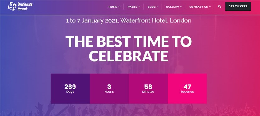 Screenshot of the Epic Business Event WordPress theme demo page in violet and pink colors.