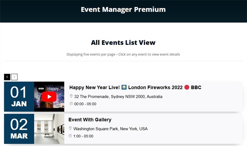 Screenshot of the Event Monster WordPress plugin demo page.